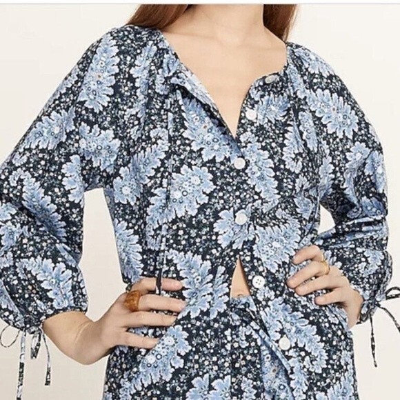 J Crew Collection Ratti Paisley Button Front Tie Sleeve Blouse Blue Size Medium - Picture 4 of 15